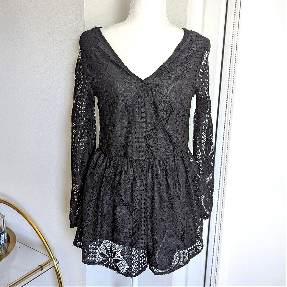 Boho black floral lace romper